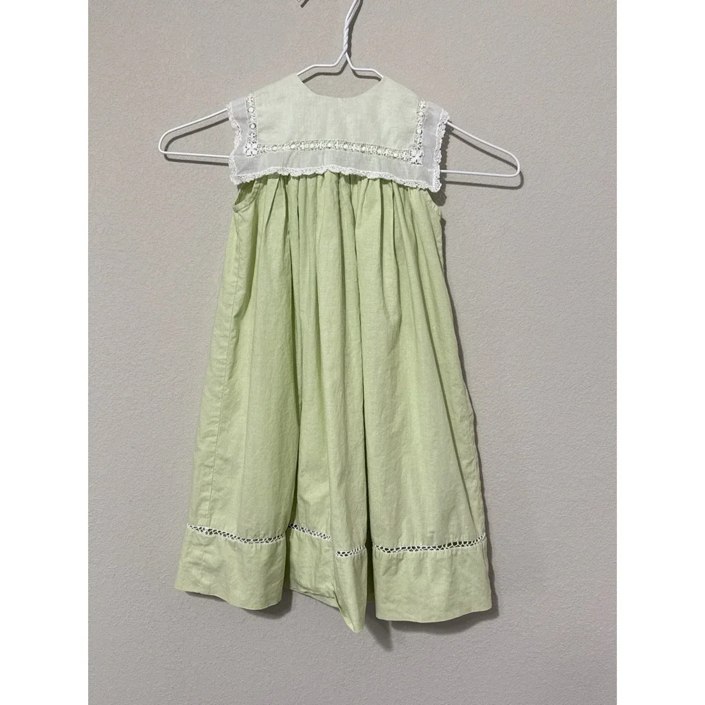 Peaches 'n Cream Dress Toddler Girls 2T Green Pinstripe Lace Bib‎ Collar